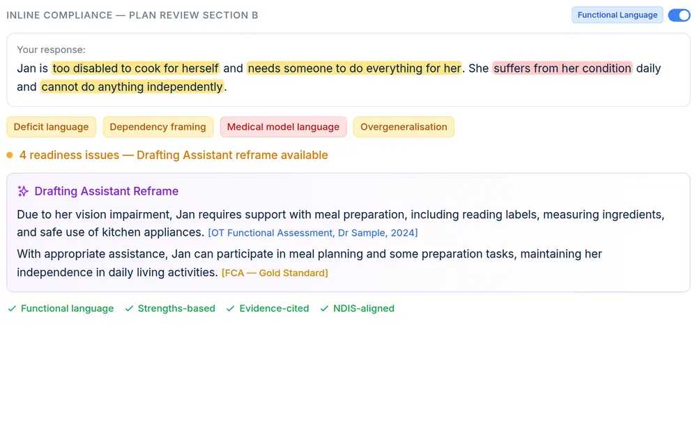 The Drafting Assistant flagging deficit language in a plan review answer and offering a strengths-based reframe with citations